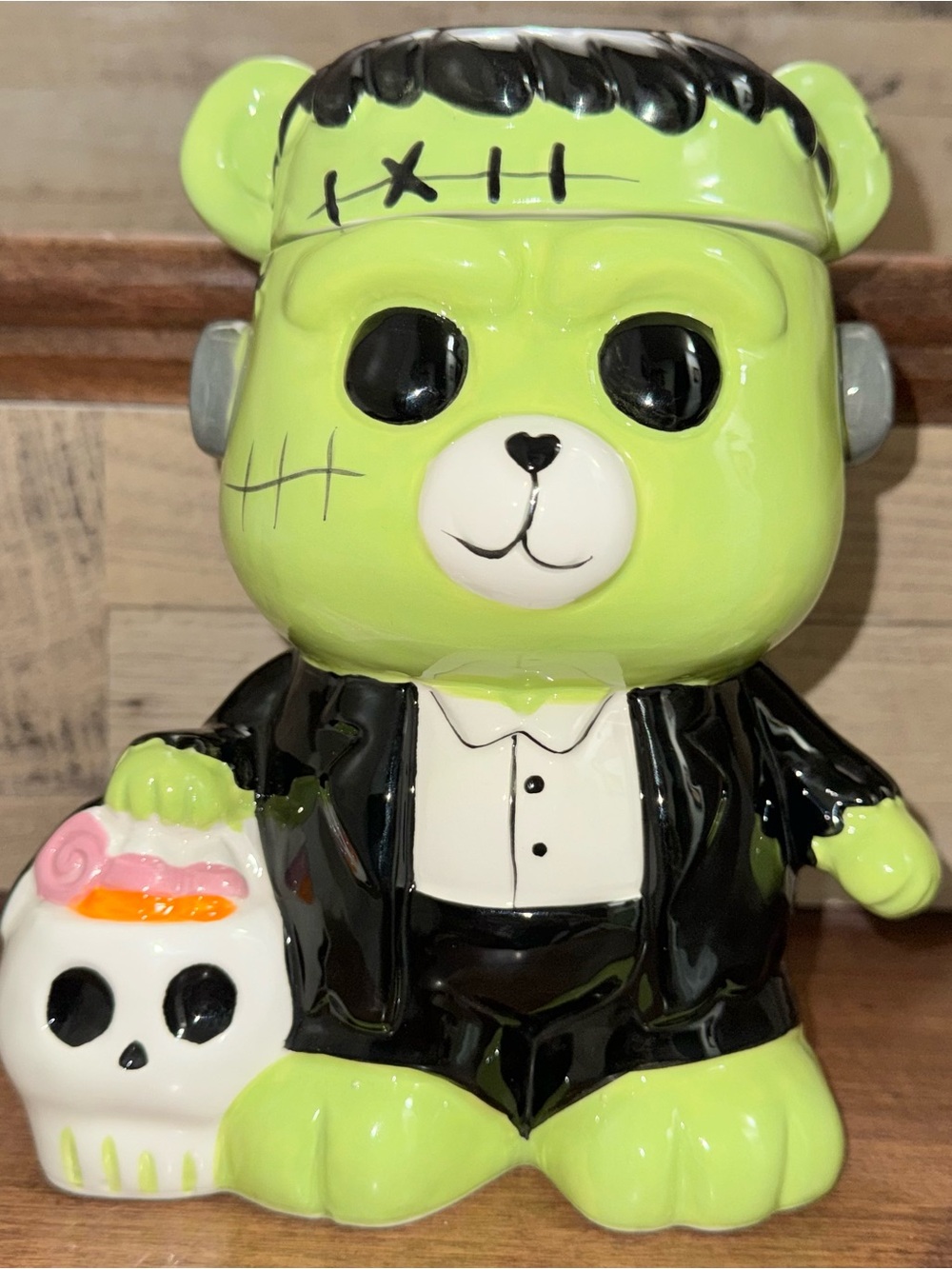 Cute 🥰 Frankenstein Teddy Bear 🧸 Holding A Bucket 🪣 Of Candy Cookie 🍪 Jar 🫙 🆕